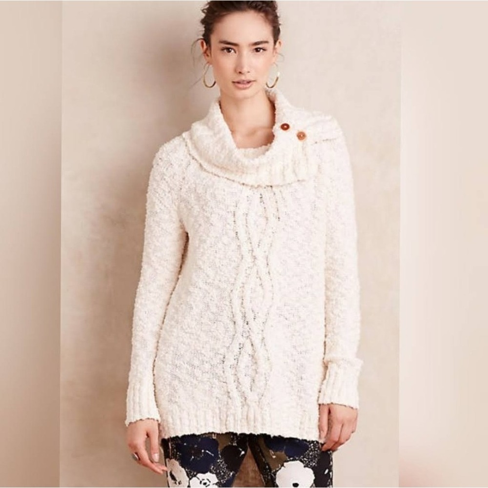 Anthropologie Moth Cream Cable Knit Wood Button Cowl Neck‎ Sweater Cozy Small